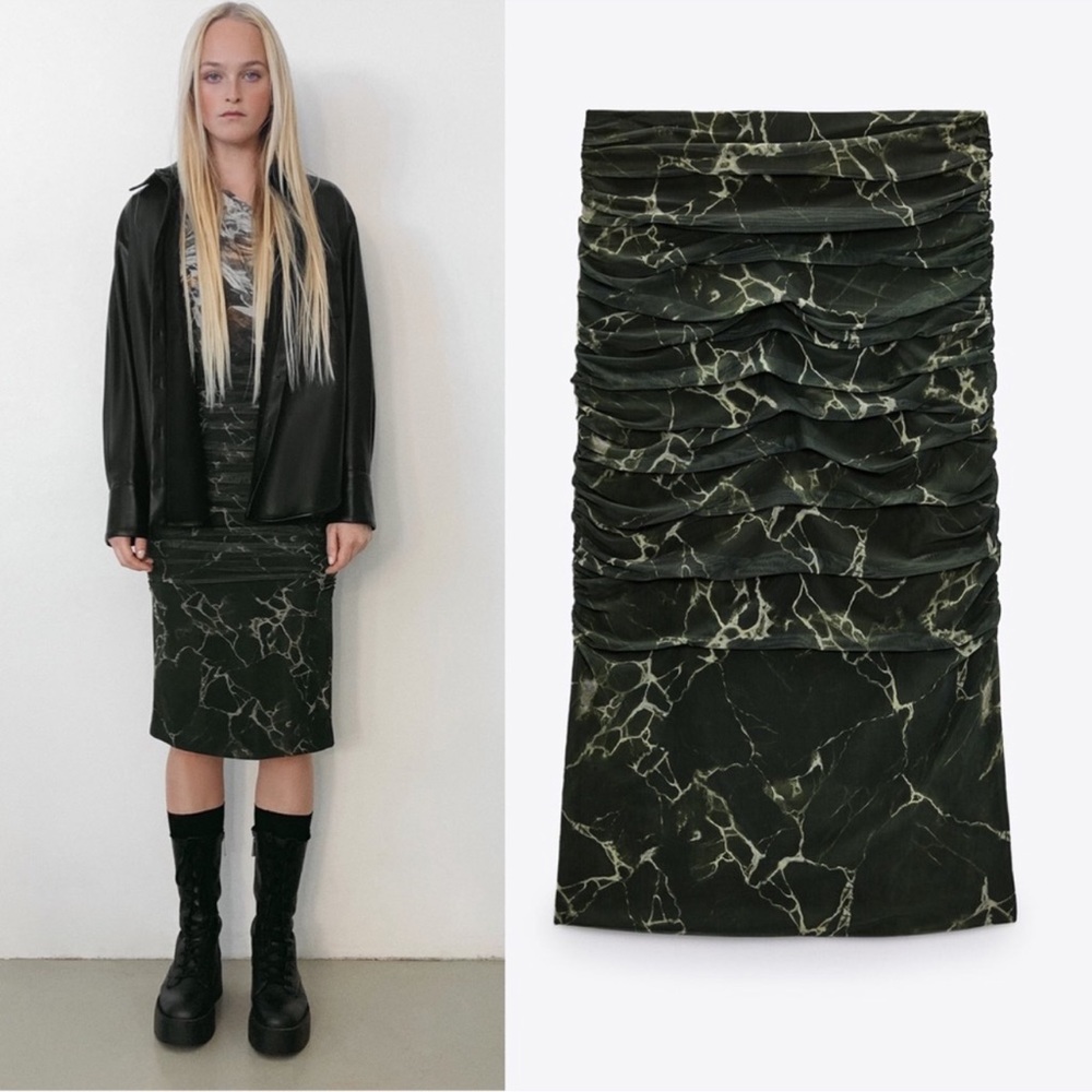 Zara Green draped Tulle ruched tie-dye midi skirt Sz S